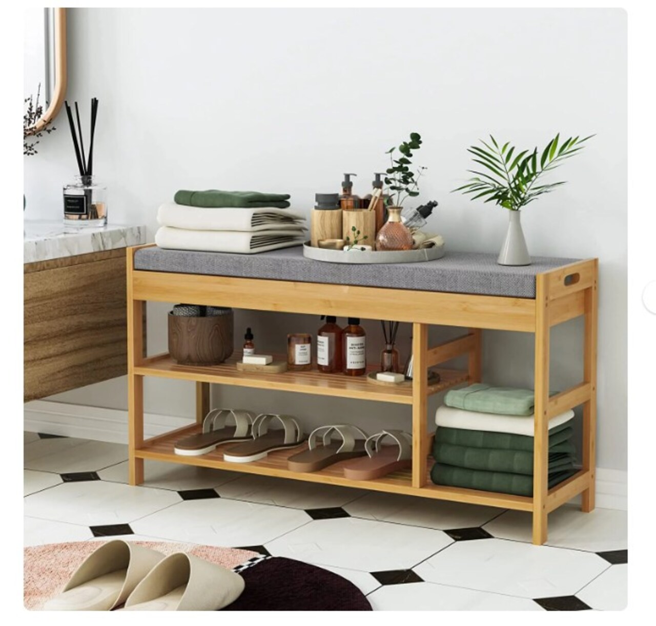 Bamboo Shoe Bench, Natural (up to 7 Shoes), 2 Tiers Shoe Rack with Storage and Padded Seat for Entryway, Bathroom